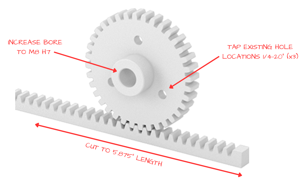 A gear and a gear rack marked up with modification callouts: increase bore to M8 H7, tap existing hole locations to 1/4-20 (x3), and cut to 5.875 inch length.
